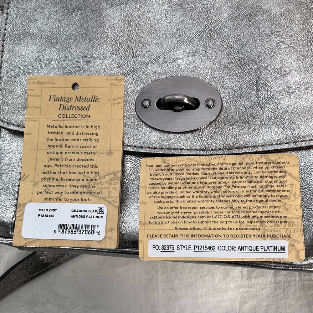 Patricia Nash Silver Leather Shoulder Bag Metallic Foil Platinum Flap Purse - Picture 13 of 16